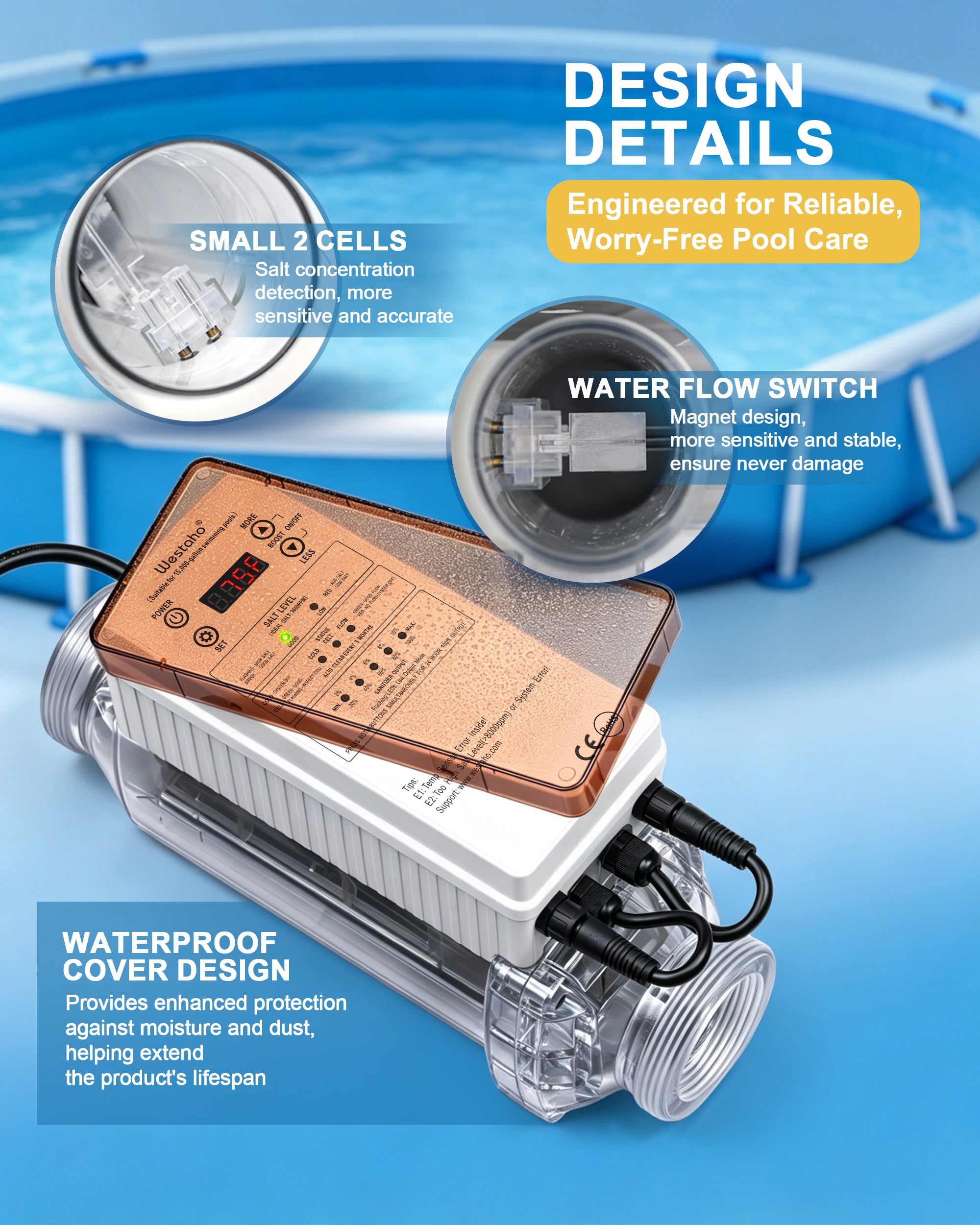 15,000 Gallons Westaho Salt Chlorine Generator with USA Titanium Cell & Waterproof Control Panel, for Above Ground Pools, Compatible with Intex Pool