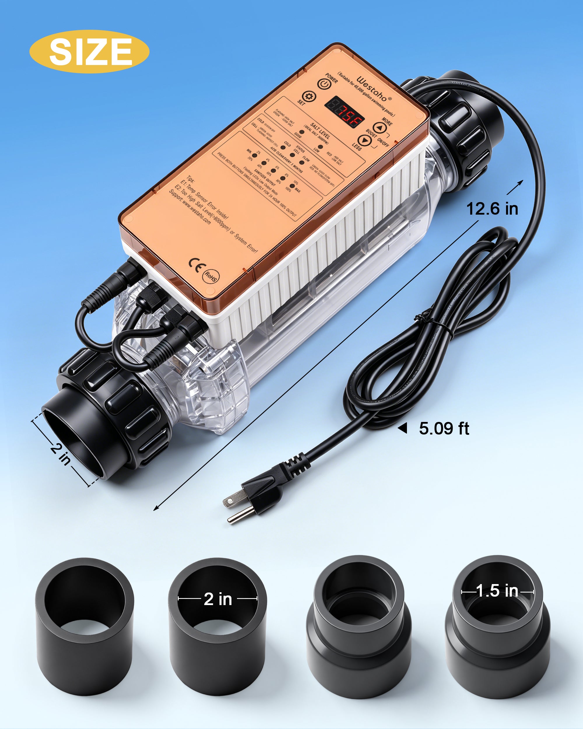40,000 Gallons Salt Chlorine Generator - Westaho Pool Salt System for Inground Pools, USA Titanium Cell (10,000-Hour Lifespan) & Waterproof Control Panel, Built-in Power Supply, 1.4 lb CL Output