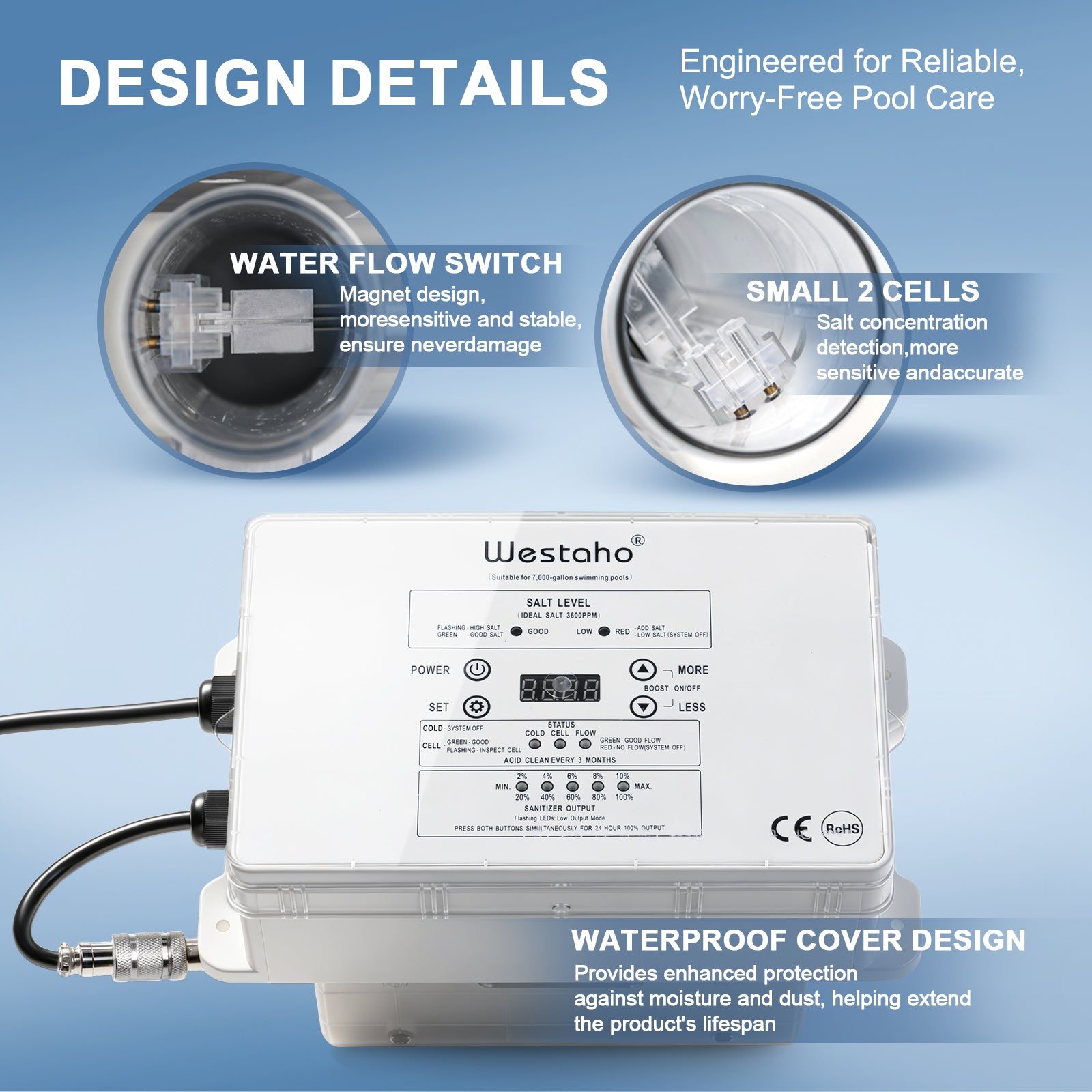 Salt Chlorine Generator, Westaho Salt Water Pool Chlorinator System with USA-Made Titanium Cells, Up to 7,000 Gallons Pools, Compatible with Intex Pools, No Sudden Shutdowns from Minor Salt Changes
