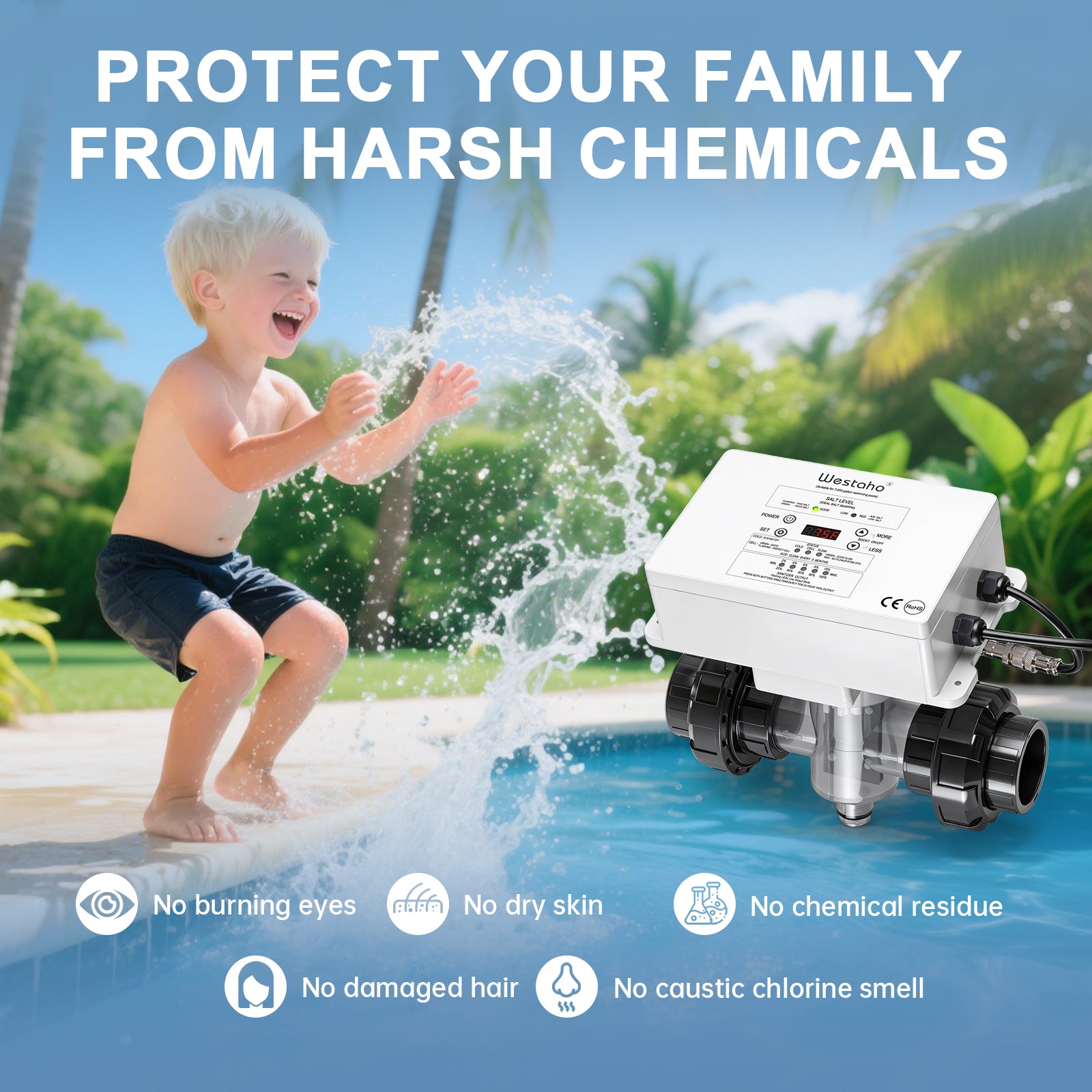 Saltwater Pool System, Westaho Salt Chlorine Generator with USA Titanium Cell & Waterproof Control Panel, for Inground Pools up to 15,000 Gallons, No Sudden Shutdowns from Minor Salt Changes