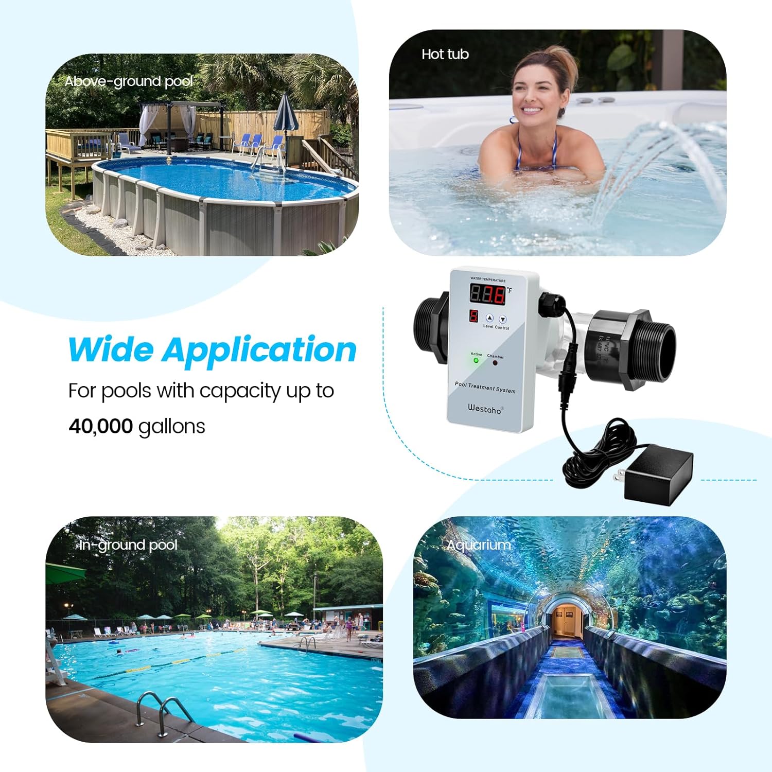 Pool Ionizer System, Westaho Pool Treatment System,Release Cu Ag, 2 Years Warranty, for In-Ground, Above-Ground Pool, Hot tub, Spa or Aquarium