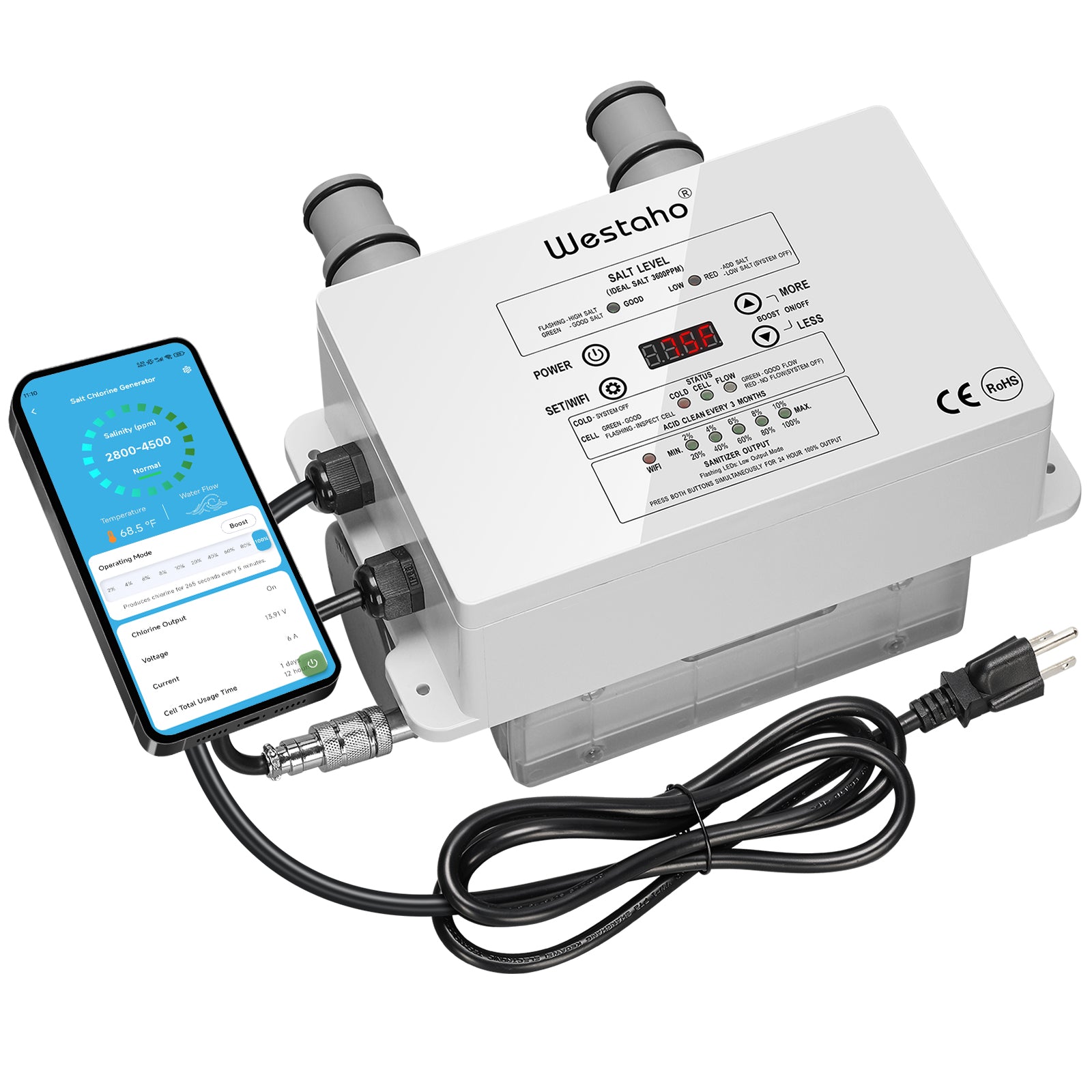 WiFi Salt Chlorine Generator, Westaho Salt Water Pool Chlorinator System with APP Remote Control, USA Titanium Salt Cell, Compatible with Intex Pool, for Above Ground Pools Up to 15,000 Gallons