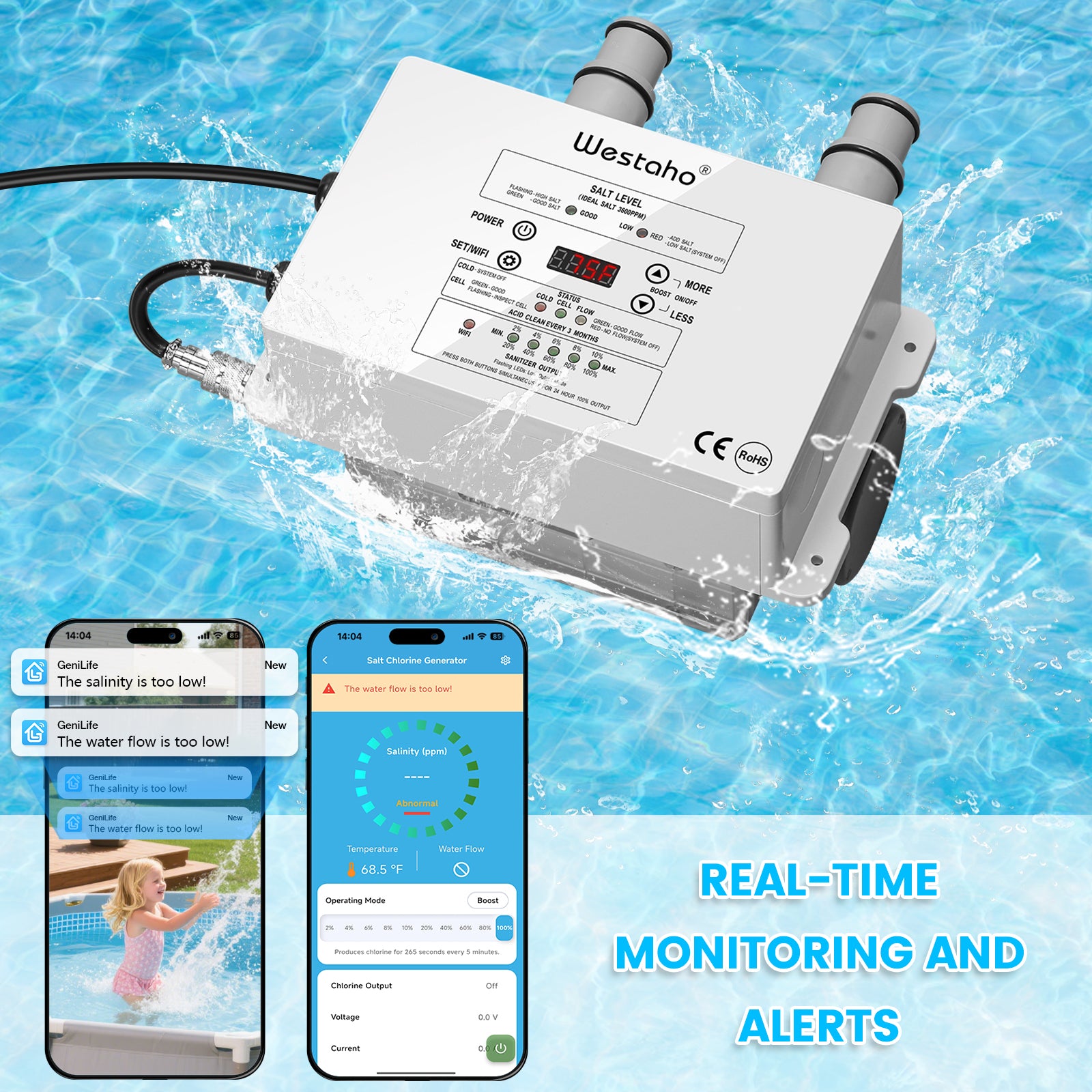 WiFi Salt Chlorine Generator, Westaho Salt Water Pool Chlorinator System with APP Remote Control, USA Titanium Salt Cell, Compatible with Intex Pool, for Above Ground Pools Up to 15,000 Gallons