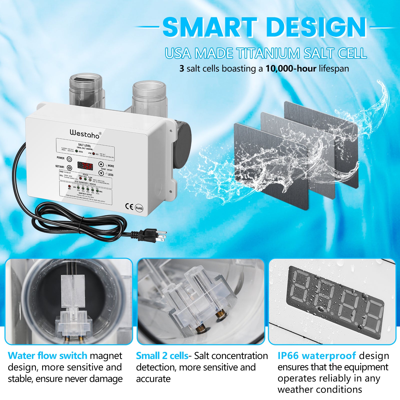 WiFi Salt Chlorine Generator, Westaho Salt Water Pool Chlorinator System with APP Remote Control, USA Titanium Salt Cell, Compatible with Intex Pool, for Above Ground Pools Up to 15,000 Gallons