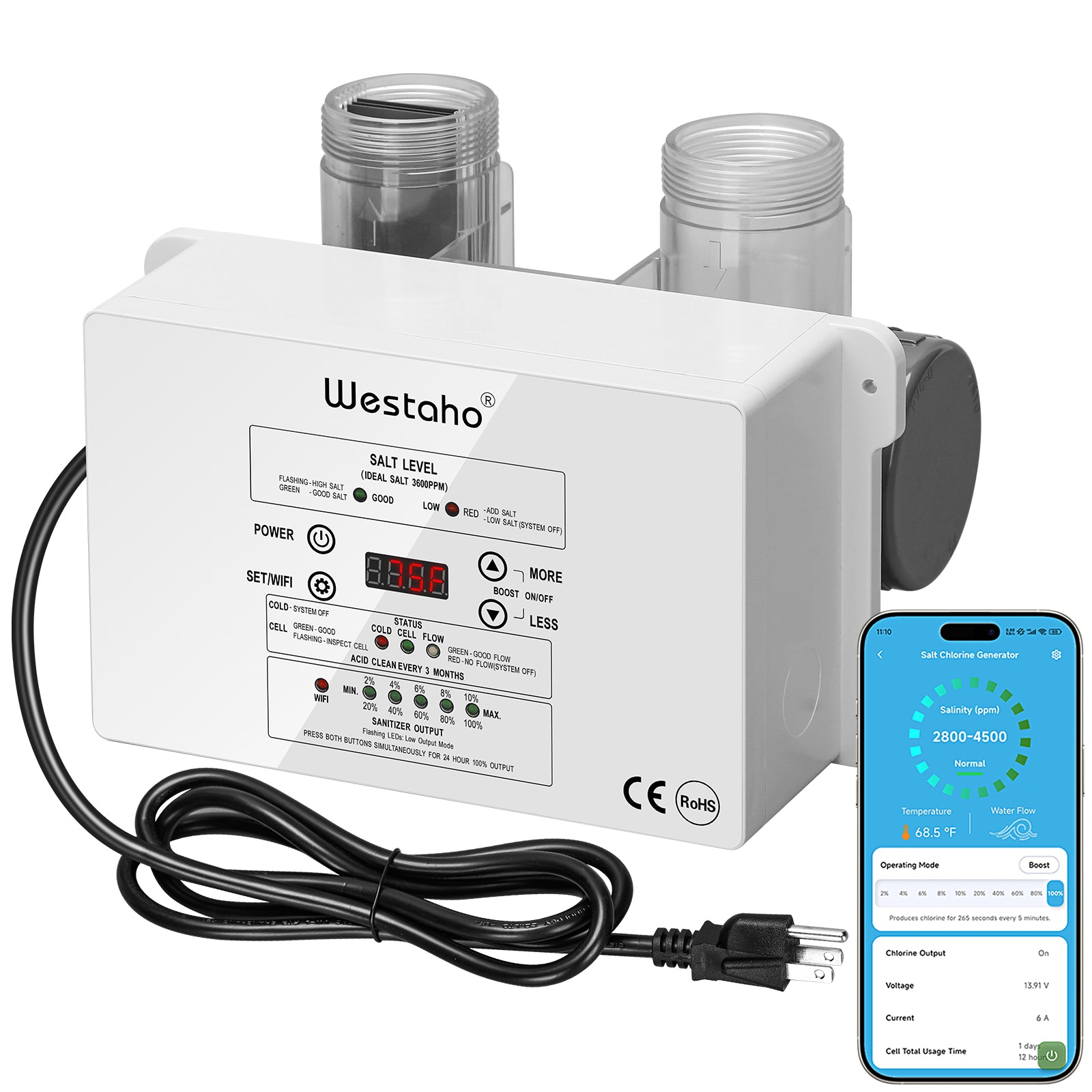 WiFi Salt Chlorine Generator, Westaho Salt Water Pool Chlorinator System with APP Remote Control, USA Titanium Salt Cell, Compatible with Intex Pool, for Above Ground Pools Up to 15,000 Gallons