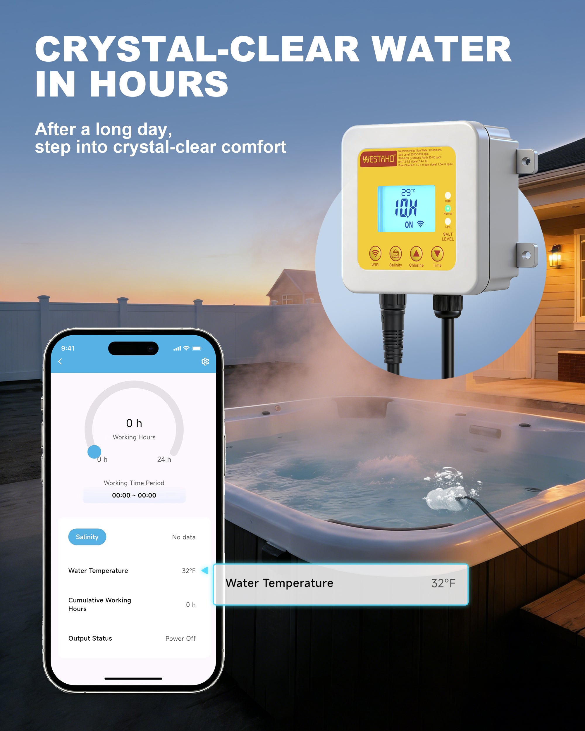 WiFi Salt Chlorine Generator, Westaho Hot Tub Salt Water Conversion Kit with USA Titanium Salt Cell, APP Monitoring & Real-Time Salt Alerts, for Swim Spas Up to 2,200 Gallons
