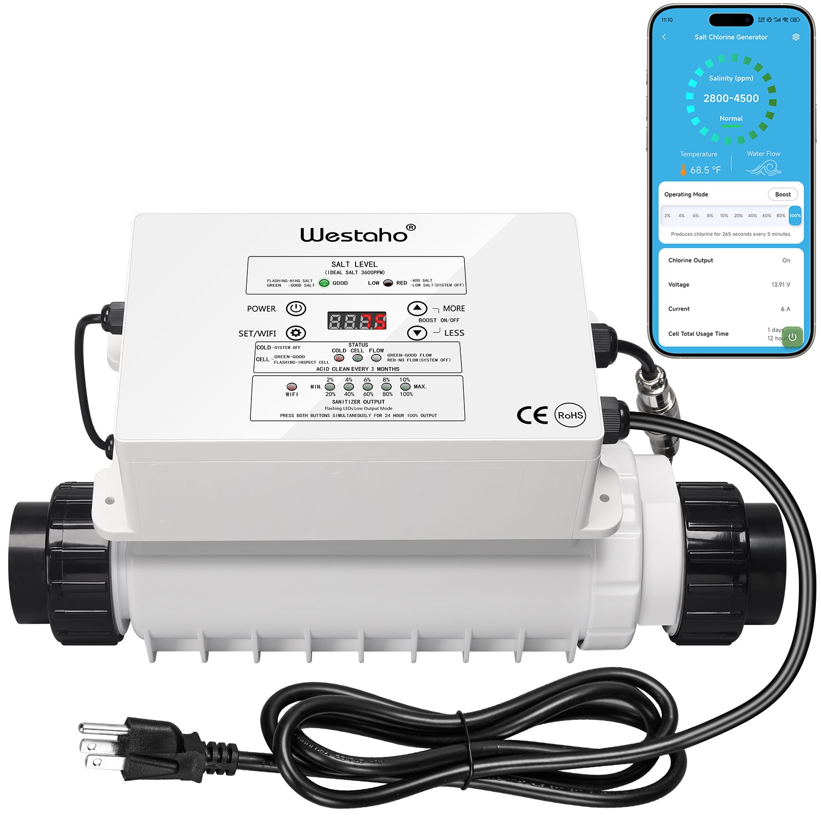 WiFi Salt Chlorine Generator, Westaho Salt Chlorination System with APP Remote Control, USA Titanium Cell, Designed for In-Ground Pools Up to 40,000 Gallons
