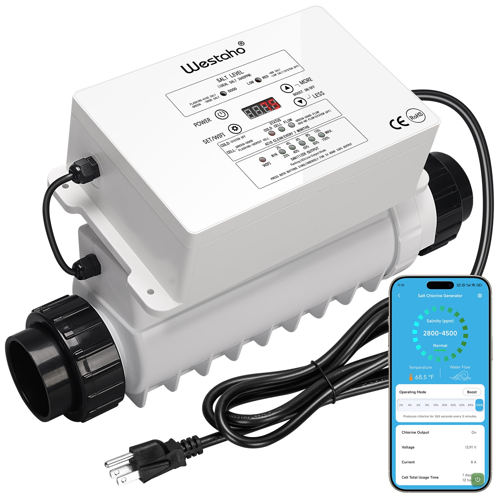 WiFi Salt Chlorine Generator, Westaho Salt Chlorination System with APP Remote Control, USA Titanium Cell, Designed for In-Ground Pools Up to 40,000 Gallons