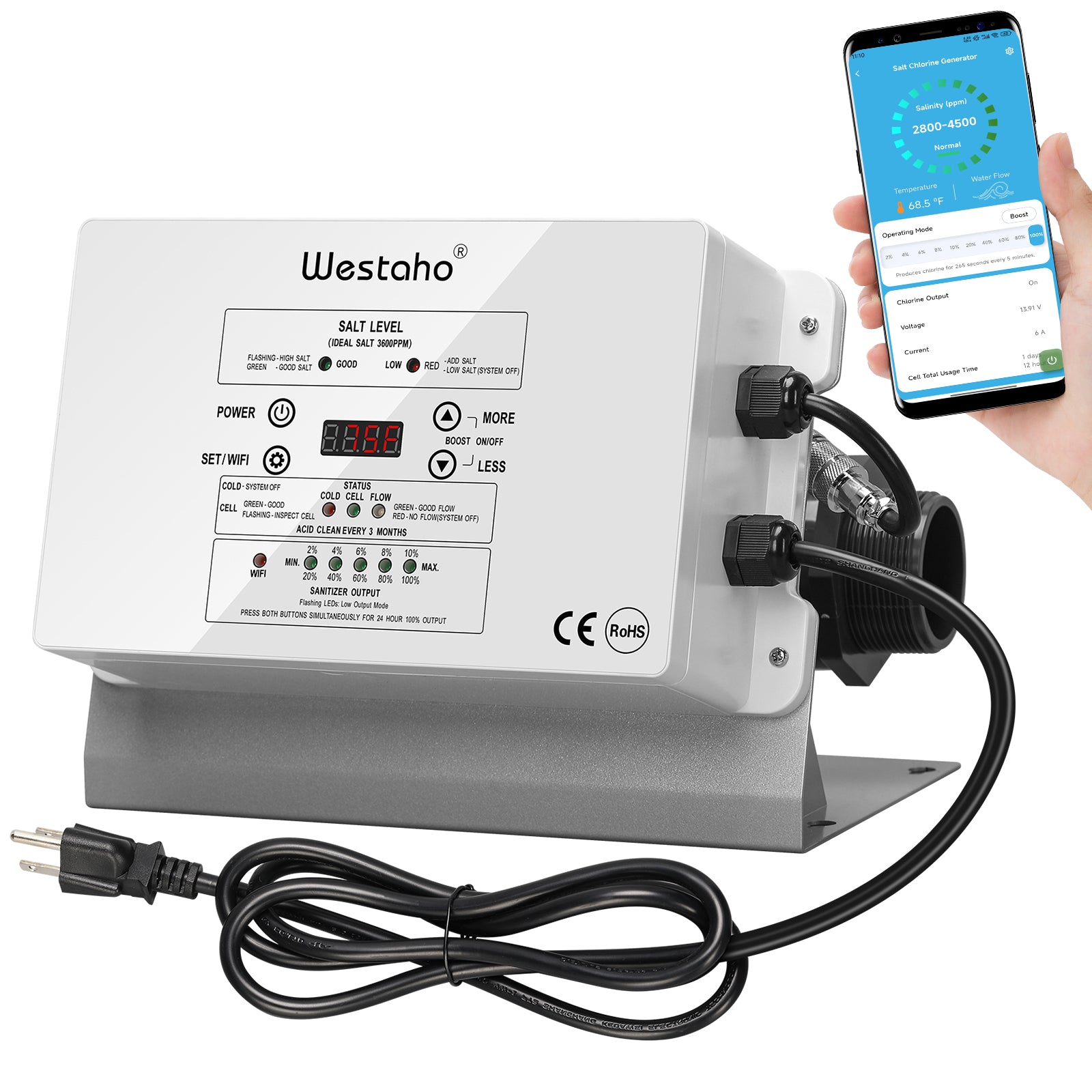 WiFi Salt Chlorine Generator, Westaho Salt Chlorination System with APP Remote Control, USA Titanium Salt Cell, for Above Ground Pools Up to 15,000 Gallons, Compatible with Intex Pool