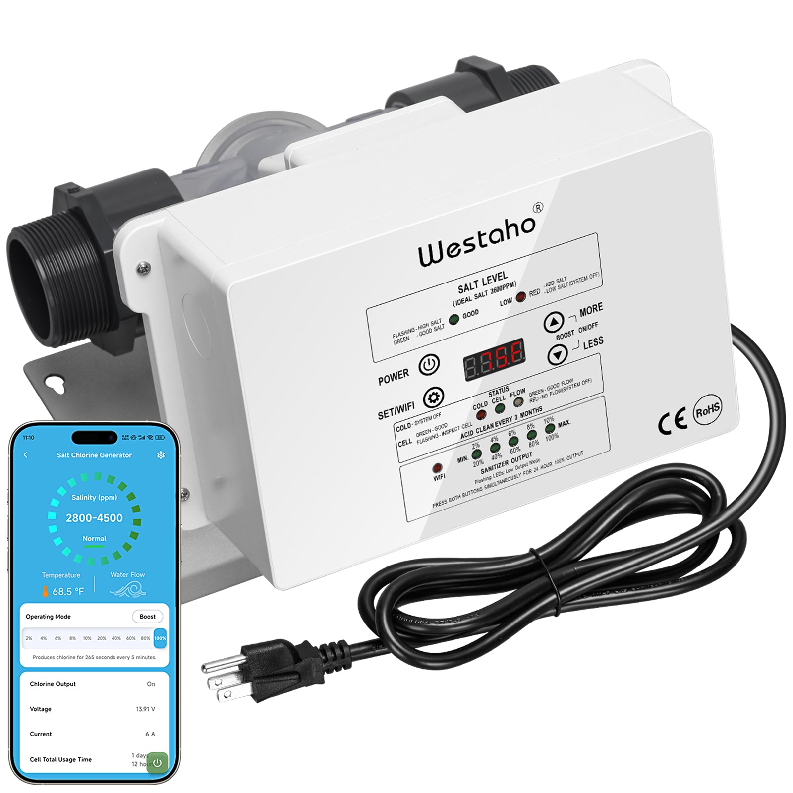 WiFi Salt Chlorine Generator, Westaho Salt Chlorination System with APP Remote Control, USA Titanium Salt Cell, for Above Ground Pools Up to 15,000 Gallons, Compatible with Intex Pool
