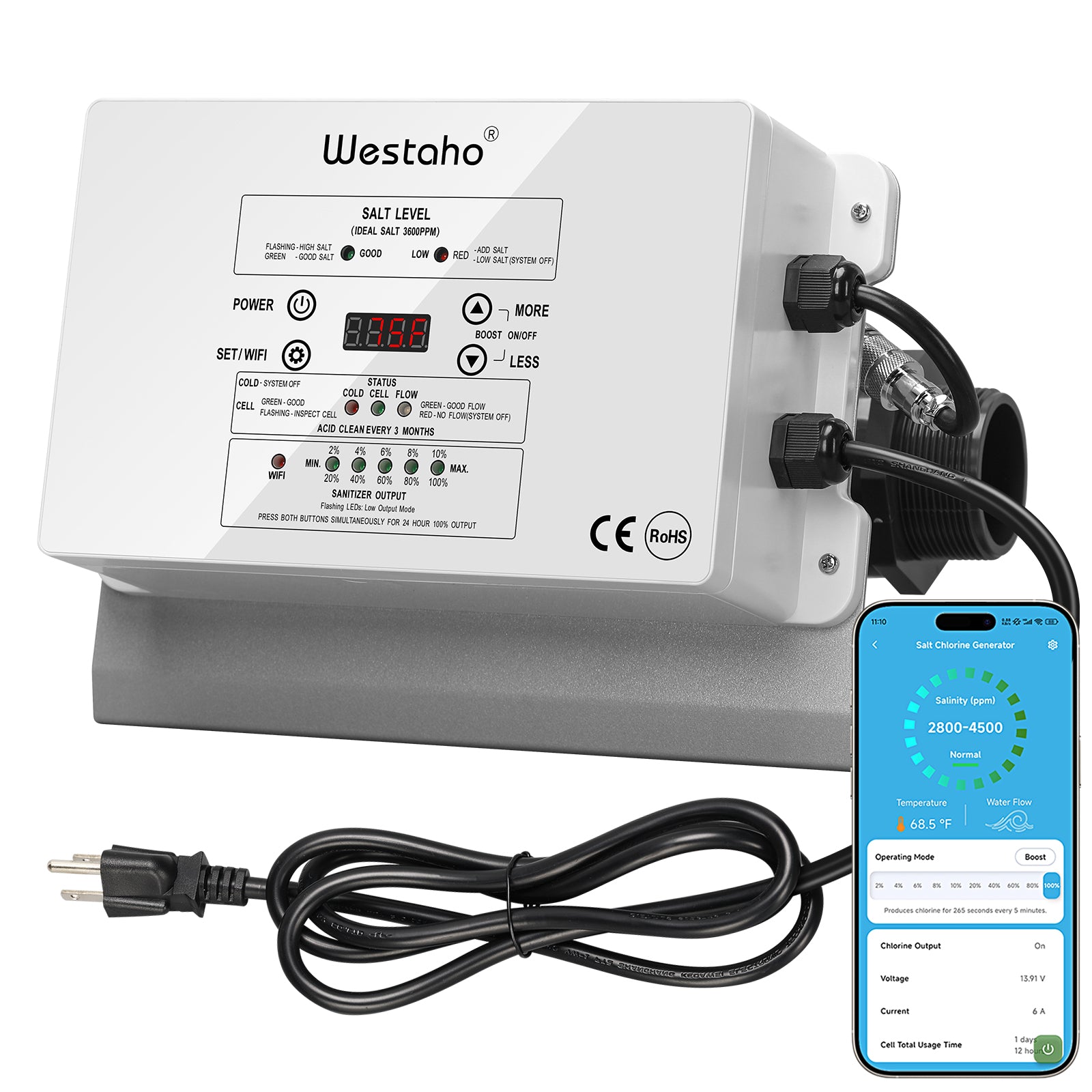 WiFi Salt Chlorine Generator, Westaho Salt Chlorination System with APP Remote Control, USA Titanium Salt Cell, for Above Ground Pools Up to 15,000 Gallons, Compatible with Intex Pool