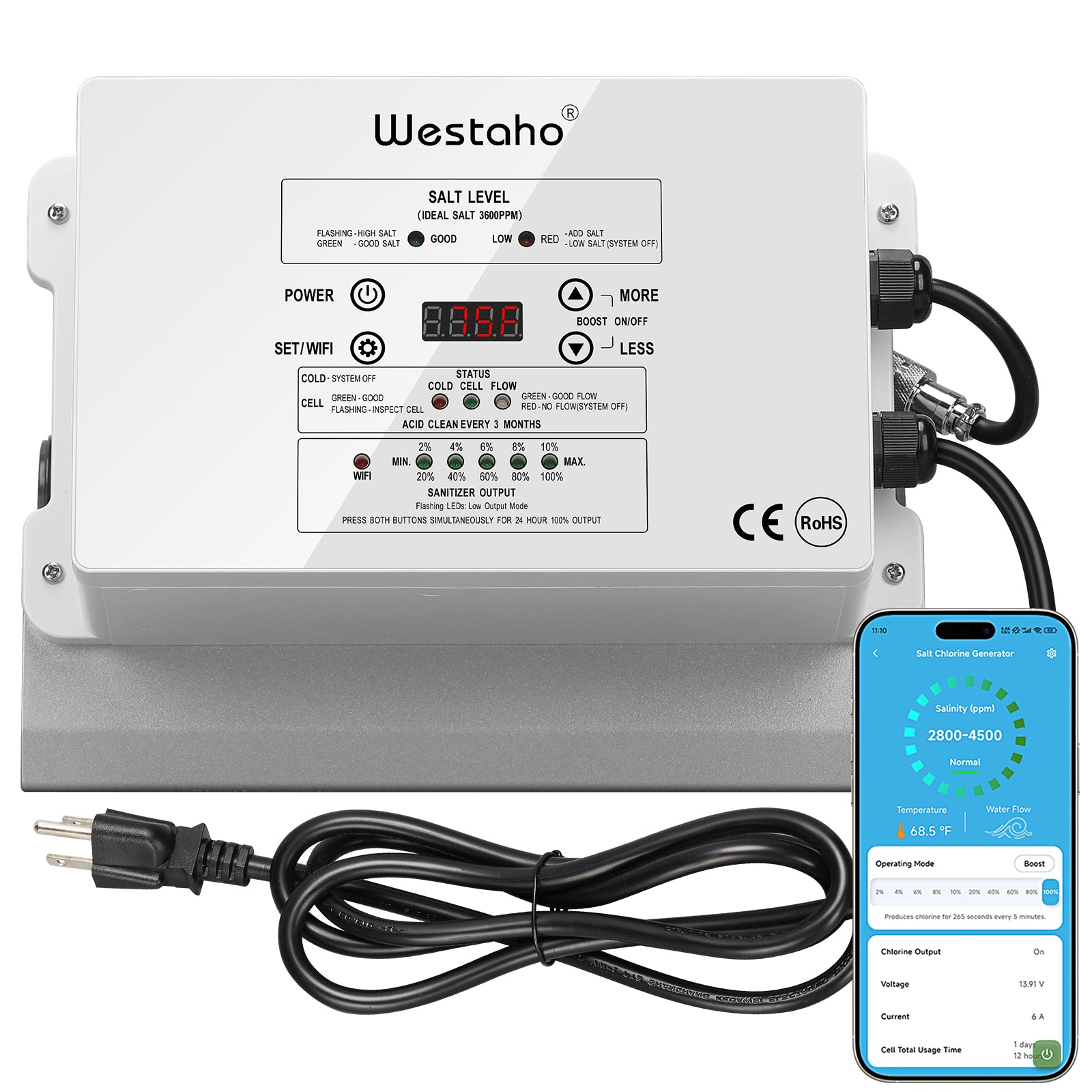 WiFi Salt Chlorine Generator, Westaho Salt Chlorination System with APP Remote Control, USA Titanium Salt Cell, for Above Ground Pools Up to 15,000 Gallons, Compatible with Intex Pool