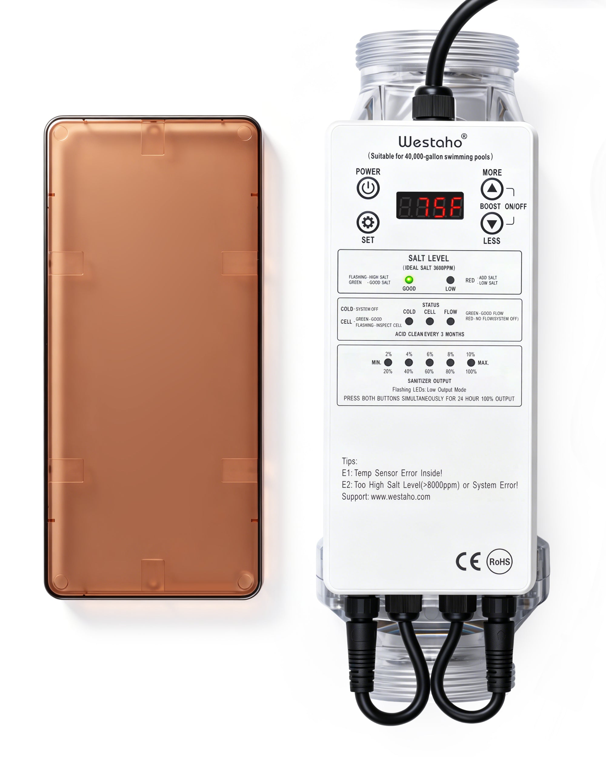 40,000 Gallons Salt Chlorine Generator - Westaho Pool Salt System for Inground Pools, USA Titanium Cell (10,000-Hour Lifespan) & Waterproof Control Panel, Built-in Power Supply, 1.4 lb CL Output
