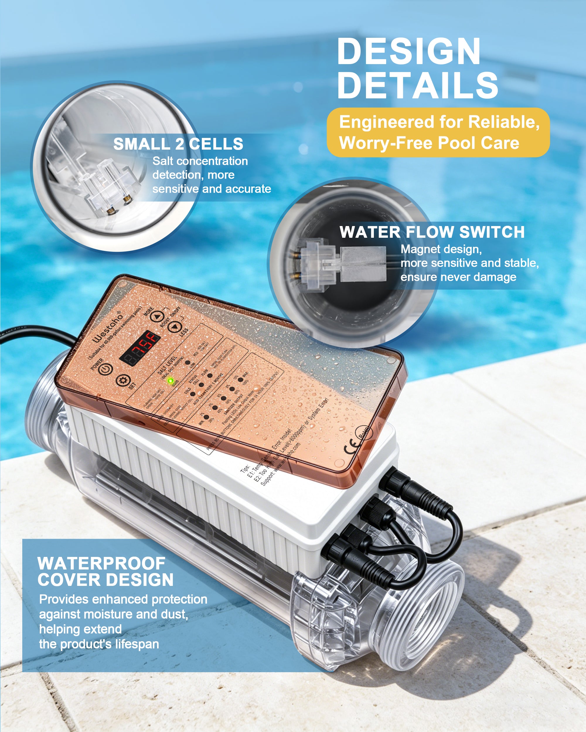 40,000 Gallons Salt Chlorine Generator - Westaho Pool Salt System for Inground Pools, USA Titanium Cell (10,000-Hour Lifespan) & Waterproof Control Panel, Built-in Power Supply, 1.4 lb CL Output