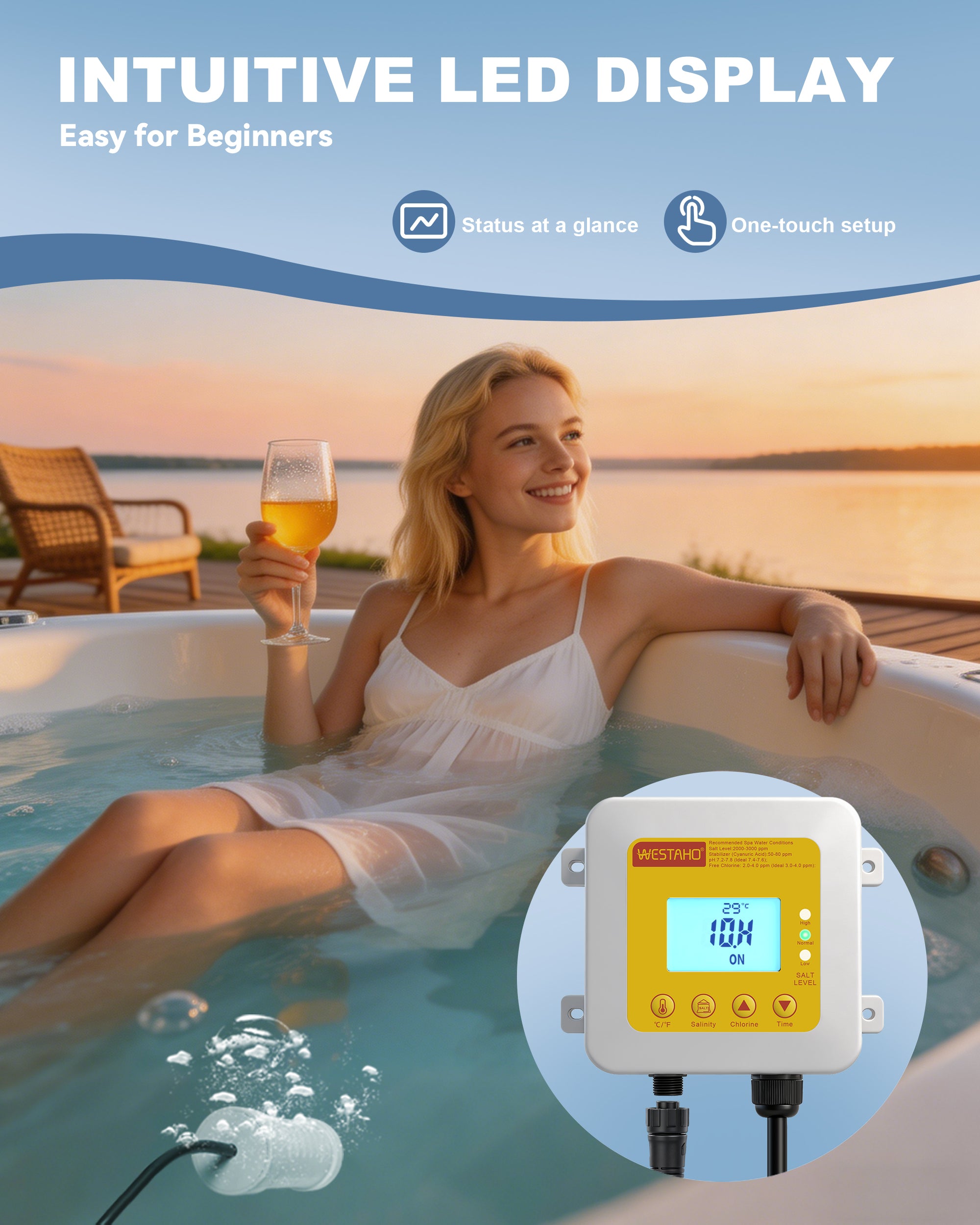 Salt Chlorine Generator, Westaho Hot Tub Salt Water Conversion Kit with USA Titanium Salt Cell, Designed for Hot Tubs & Swim Spas Up to 2200 Gallons, Chemical-Free