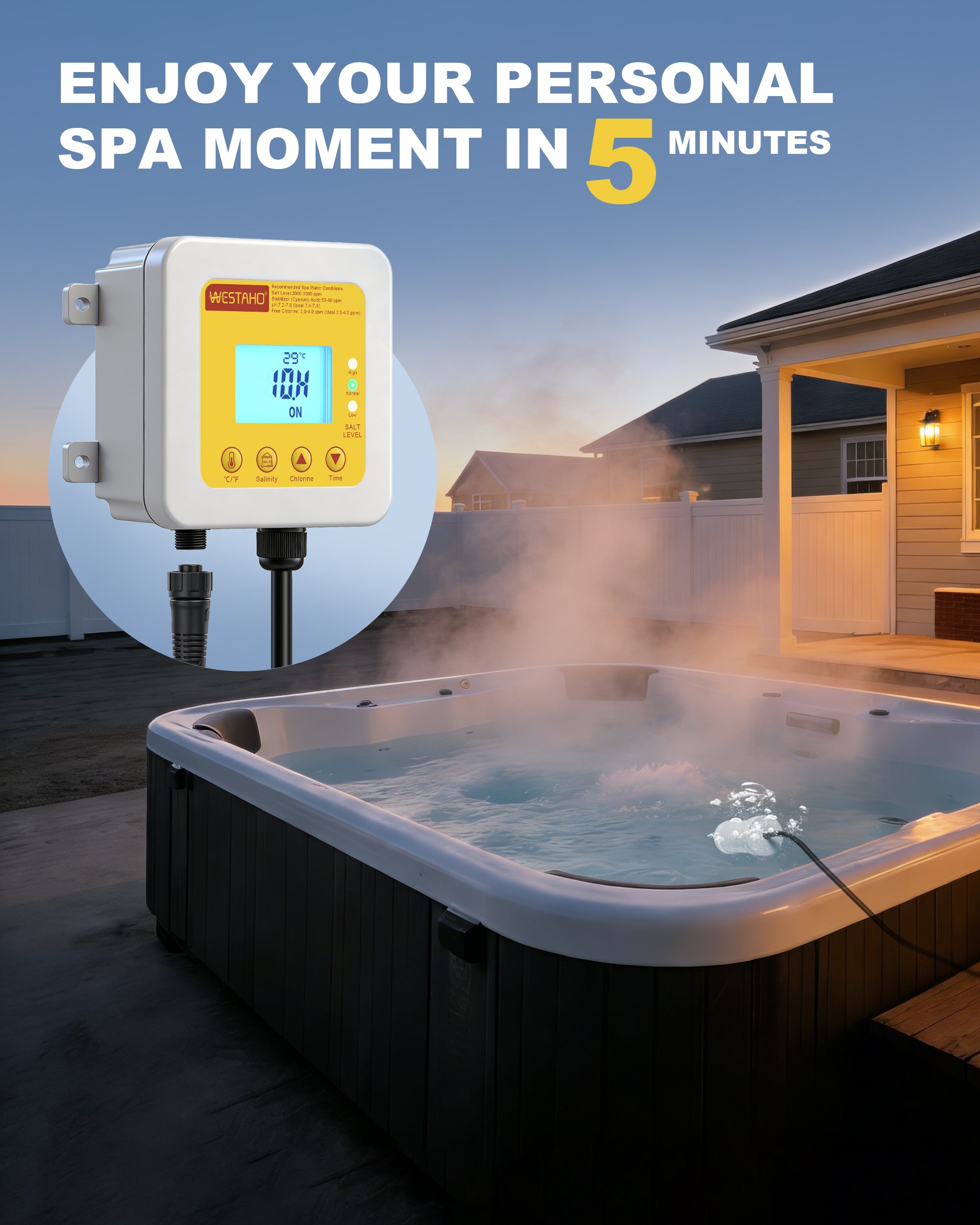 Salt Chlorine Generator, Westaho Hot Tub Salt Water Conversion Kit with USA Titanium Salt Cell, Designed for Hot Tubs & Swim Spas Up to 2200 Gallons, Chemical-Free