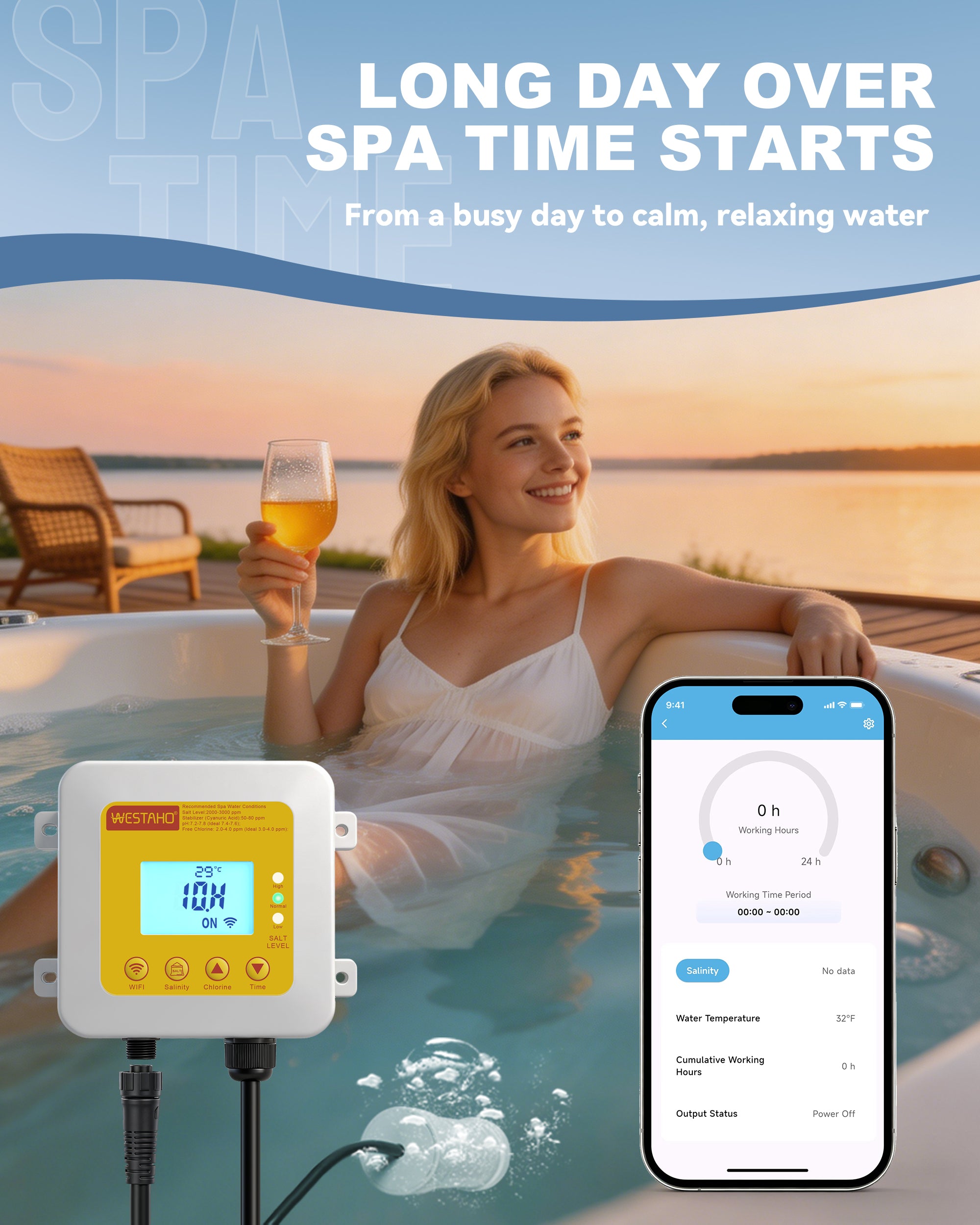 WiFi Salt Chlorine Generator, Westaho Hot Tub Salt Water Conversion Kit with USA Titanium Salt Cell, APP Monitoring & Real-Time Salt Alerts, for Swim Spas Up to 2,200 Gallons
