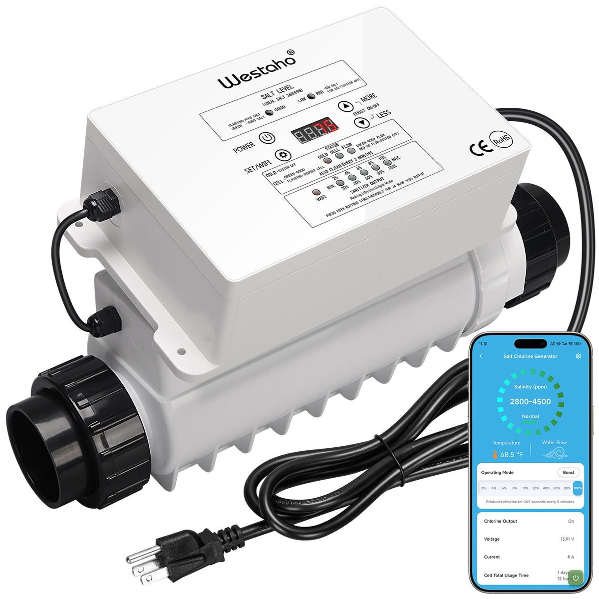 WiFi Salt Chlorine Generator, Westaho Salt Chlorination System with AP
