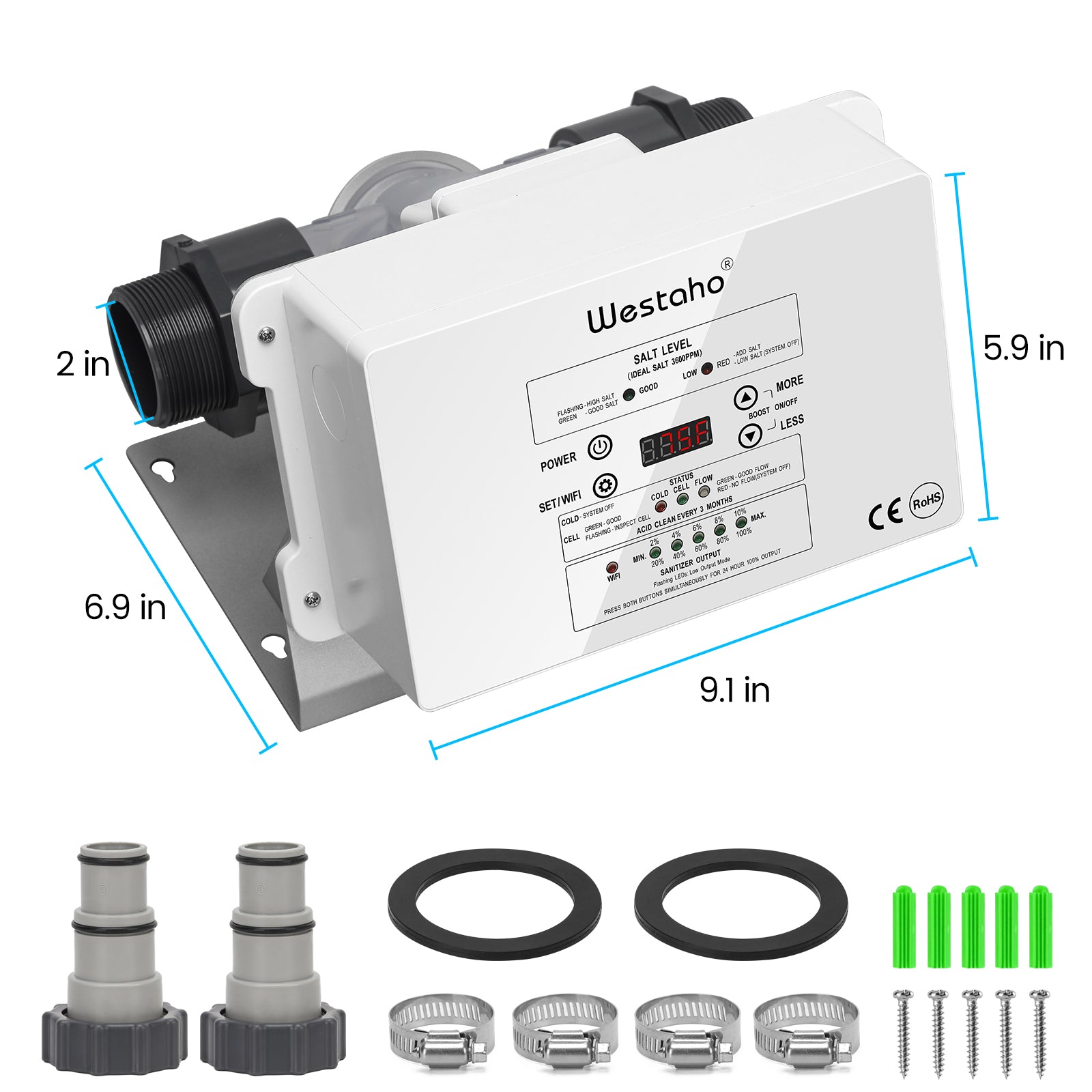 WiFi Salt Chlorine Generator, Westaho Salt Chlorination System with APP Remote Control, USA Titanium Salt Cell, for Above Ground Pools Up to 15,000 Gallons, Compatible with Intex Pool