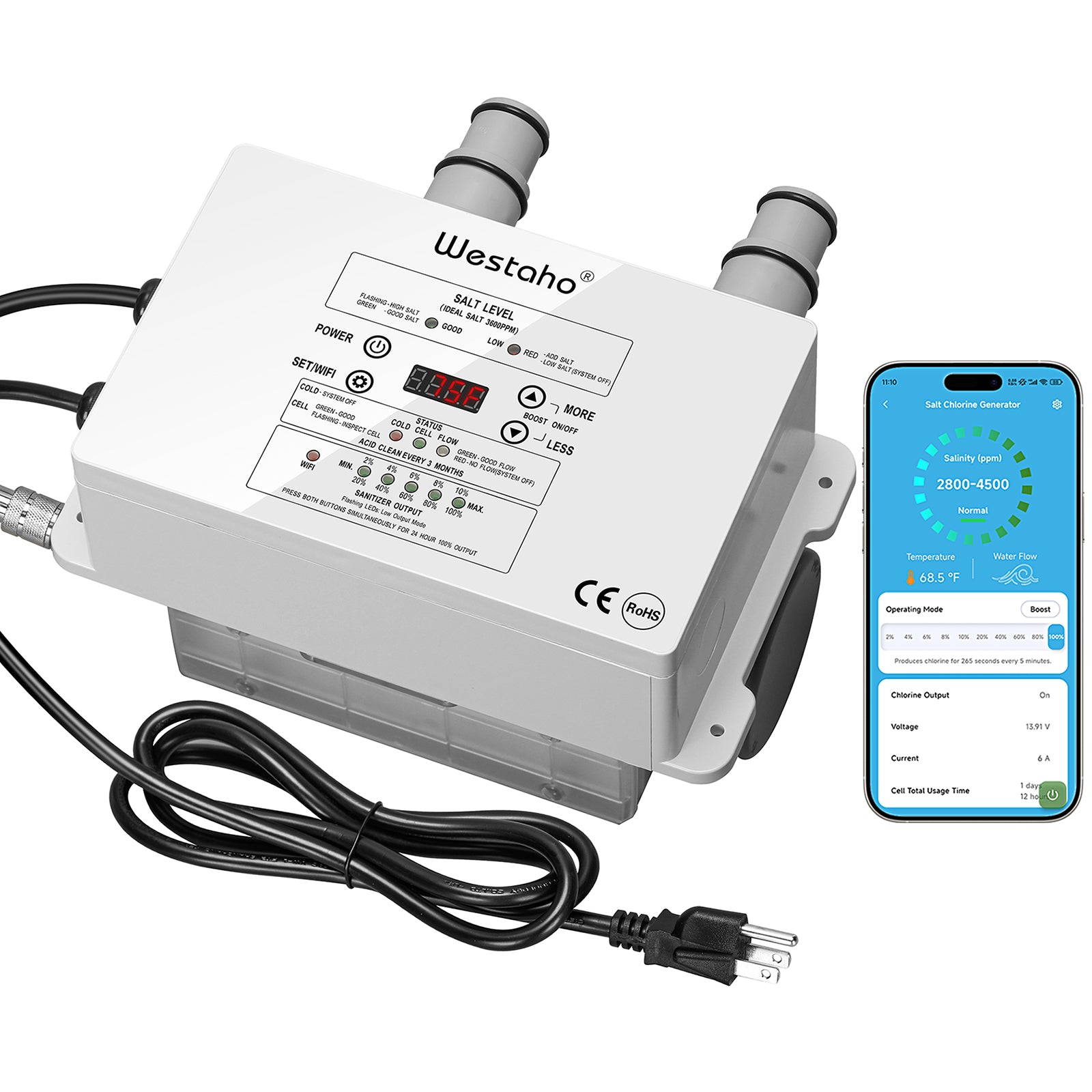 WiFi Salt Chlorine Generator, Westaho Salt Water Pool Chlorinator System with APP Remote Control, USA Titanium Salt Cell, Compatible with Intex Pool, for Above Ground Pools Up to 15,000 Gallons